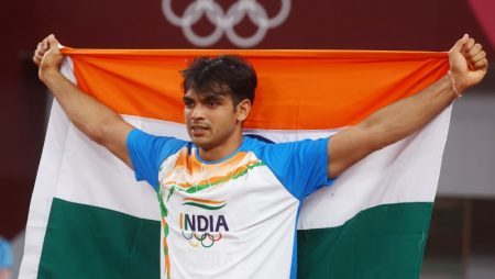 Neeraj Chopra was greeted by fellow members of the Indian contingent after winning the Olympic gold medal