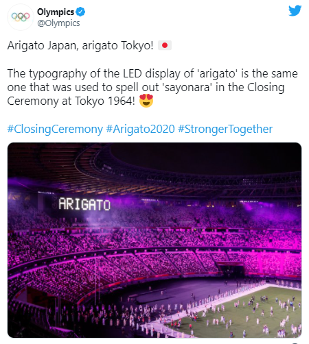Tokyo Olympics 2020 closing ceremony on Sunday