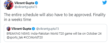 India and Pakistan are set to be played at T20 World Cup on October 24 