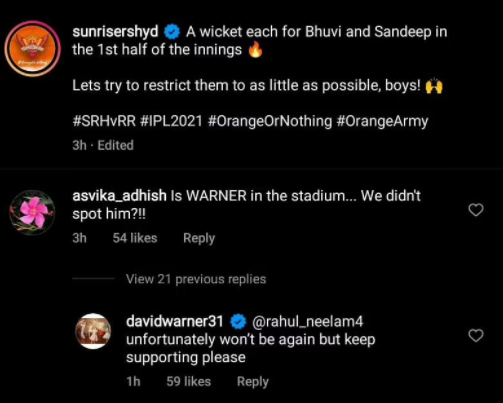 David Warner's commented "Unfortunately won’t be again" SunRisers Hyderabad in IPL 2021