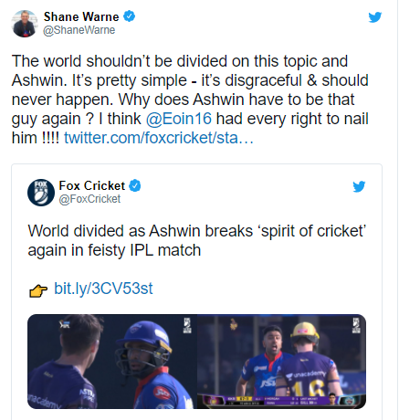Shane Warne has slammed Ravichandran Ashwin as “Disgraceful, should never happen” in IPL 21
