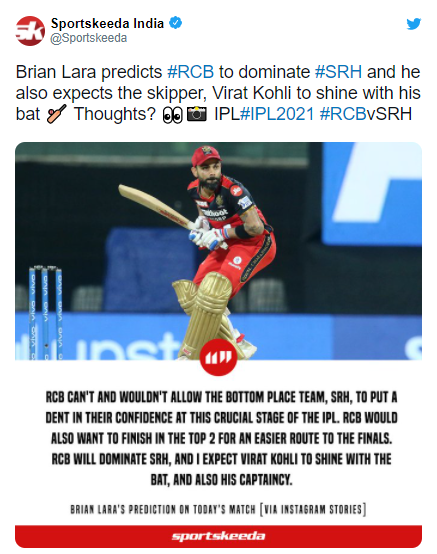 Aakash Chopra "Bangalore has a realistic chance of finishing in the Top 2" on RCB vs SRH in IPL 2021