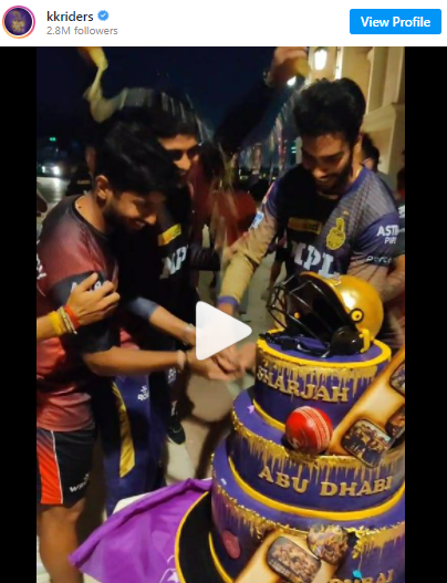 Kolkata Knight Riders' celebration with Cake smashes and hugs after defeating Delhi Capitals in IPL 2021