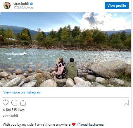 Virat Kohli captions "With you by my side, I am at home anywhere" on his wife