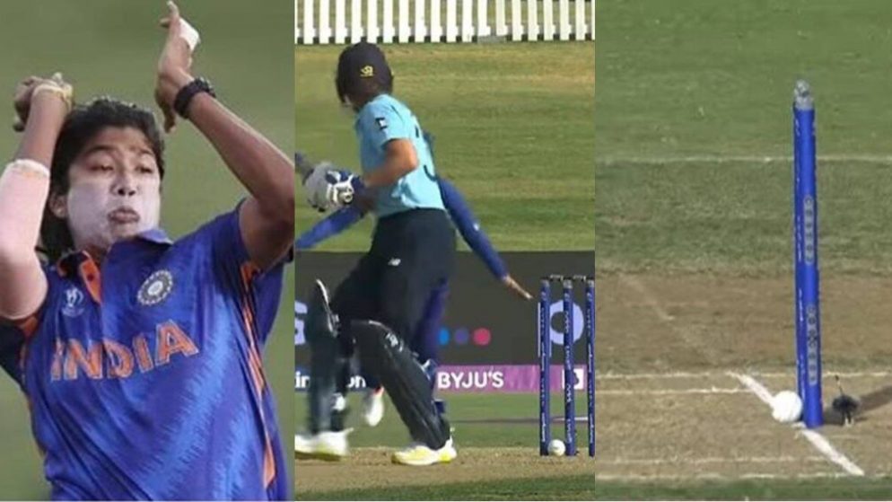 IND vs ENG: Jhulan Goswami’s ball hits the middle stump, but England’s Nat Sciver survives.