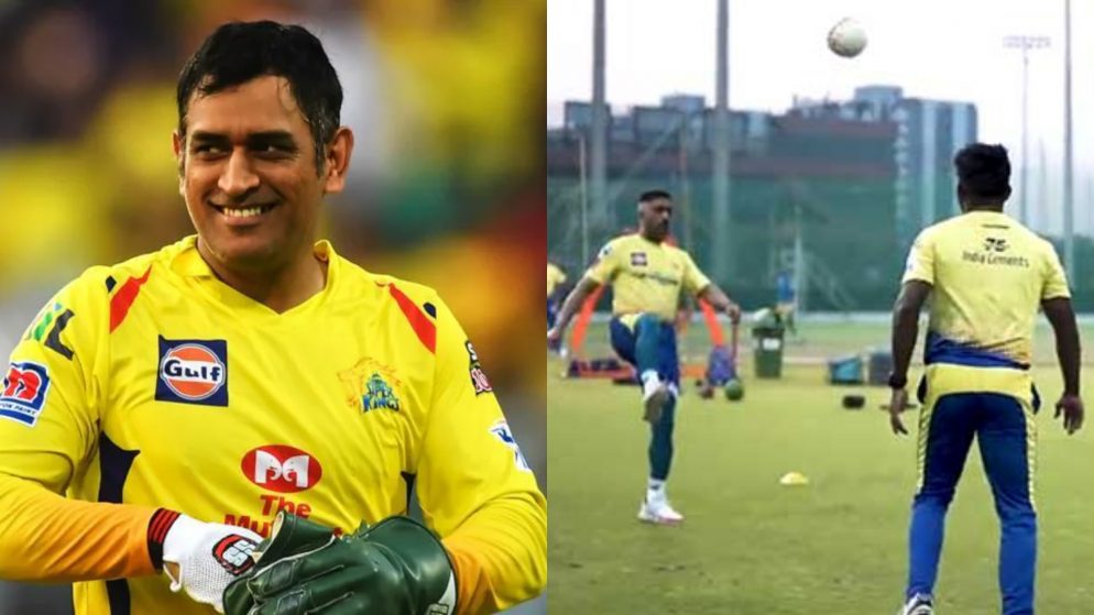 During a CSK training session ahead of the IPL 2022, MS Dhoni and others play “footvolley.”