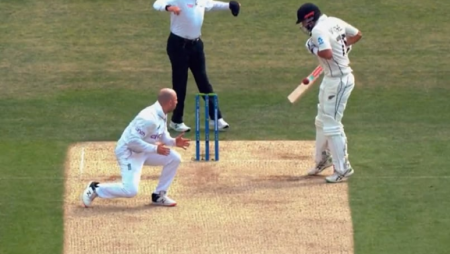 After hitting the non-bat, striker’s Henry Nicholls gets out in an unusual manner off Jack Leach.