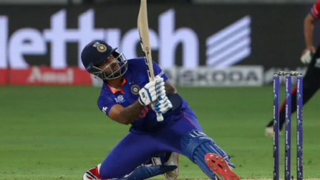 Suryakumar Yadav hits four sixes in the final over of the Asia Cup against Hong Kong.
